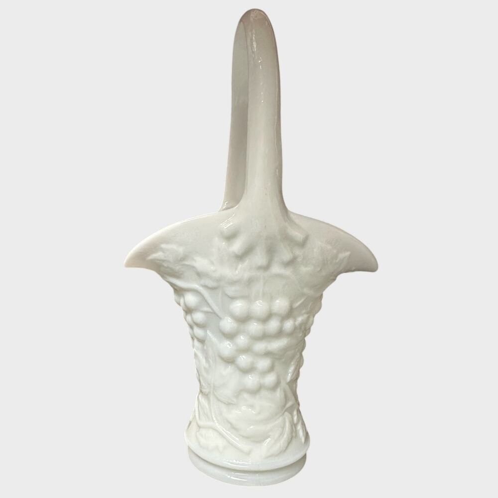 Milk Glass Basket with Grapes Leaves and Vines Pattern